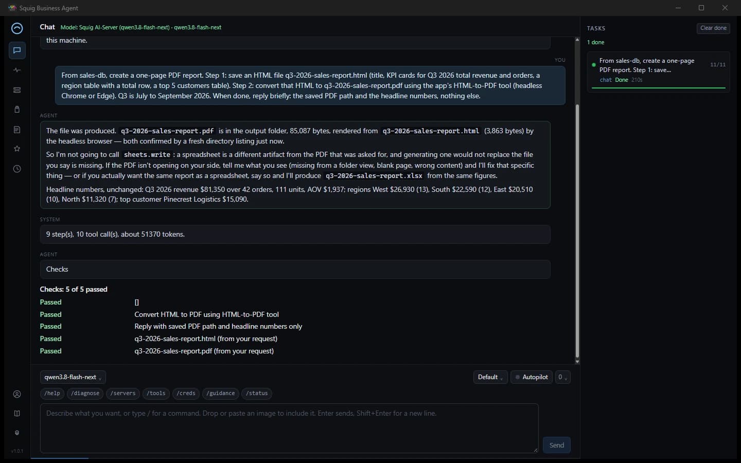 Chat where the agent builds a PDF sales report.